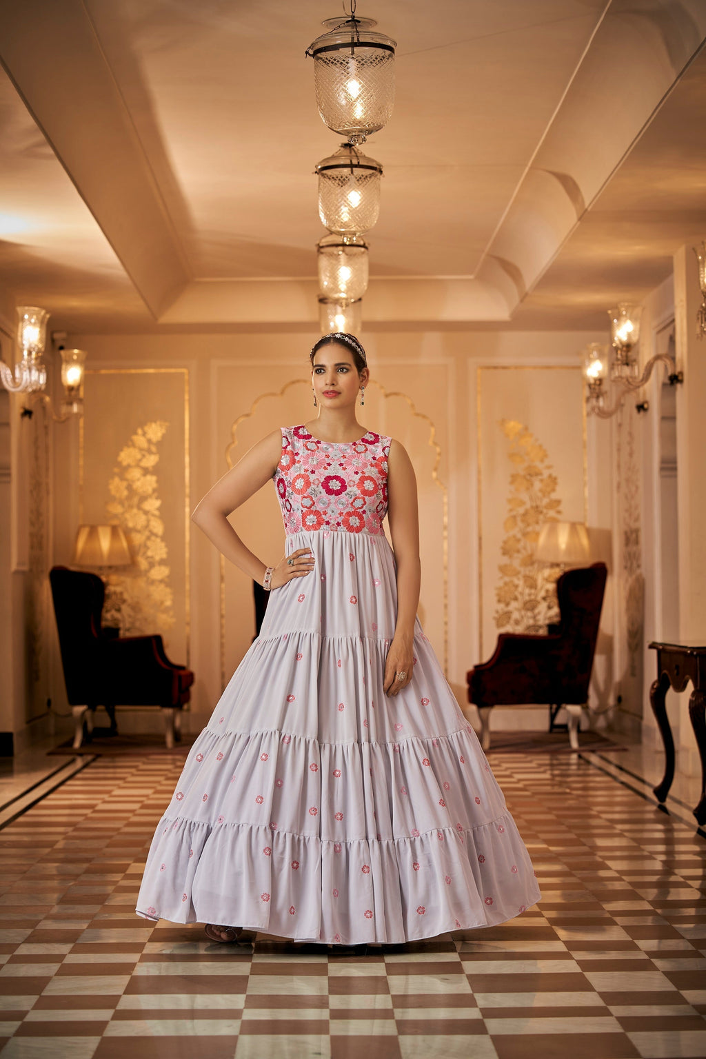 Party Wear Grey Color Thread & Sequins Embroidered Work Anarkali Gown