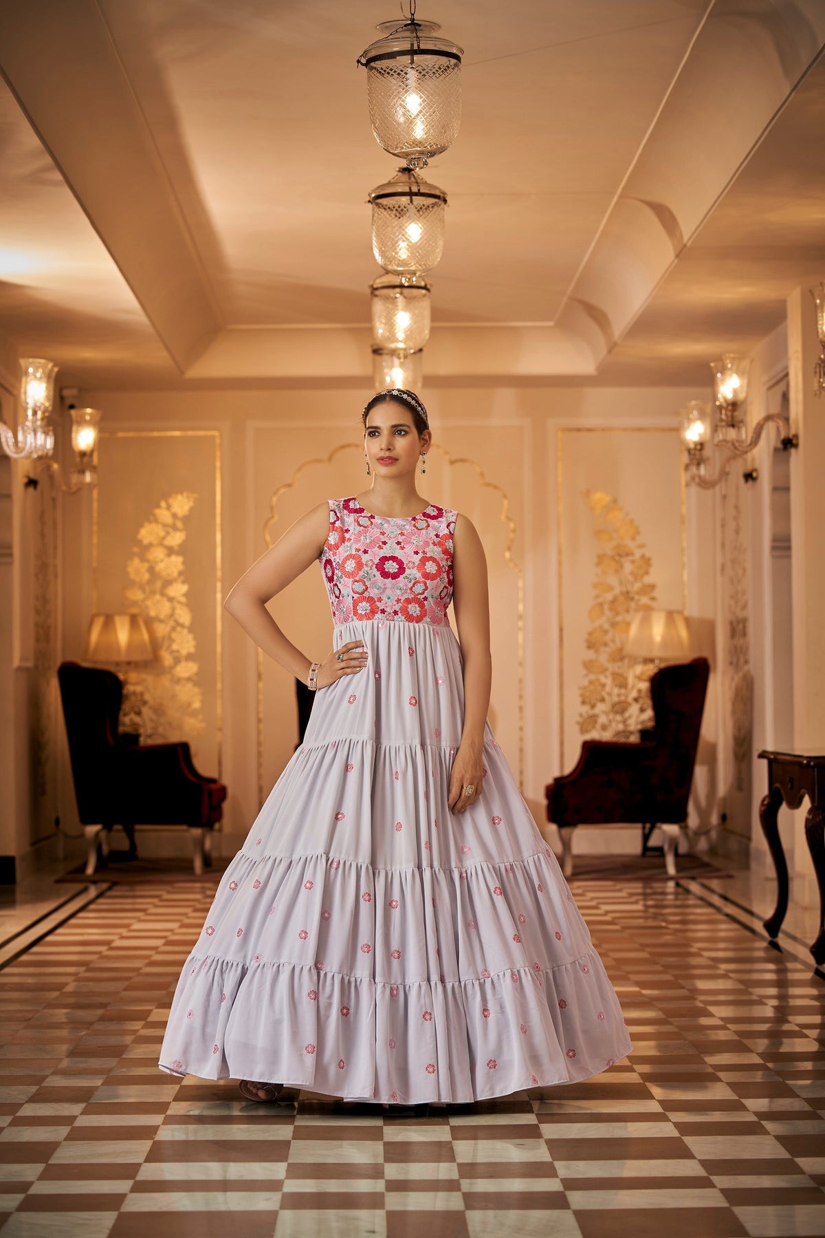 Party Wear Grey Color Thread & Sequins Embroidered Work Anarkali Gown