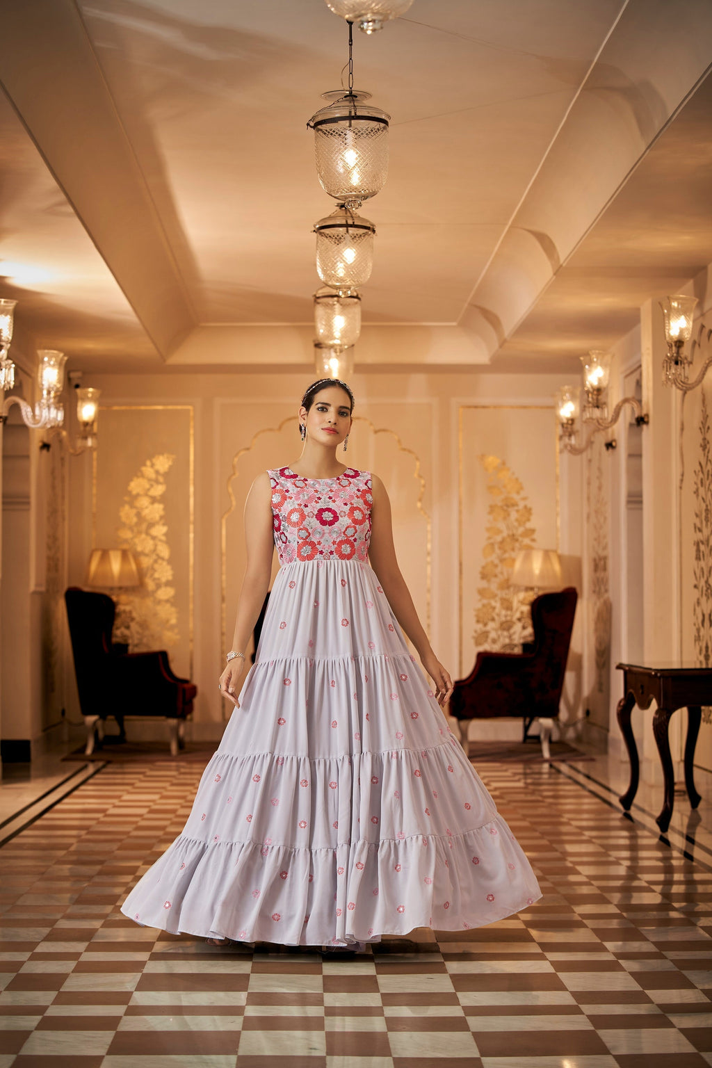 Party Wear Grey Color Thread & Sequins Embroidered Work Anarkali Gown
