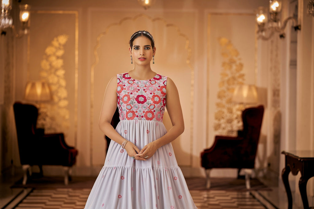 Party Wear Grey Color Thread & Sequins Embroidered Work Anarkali Gown