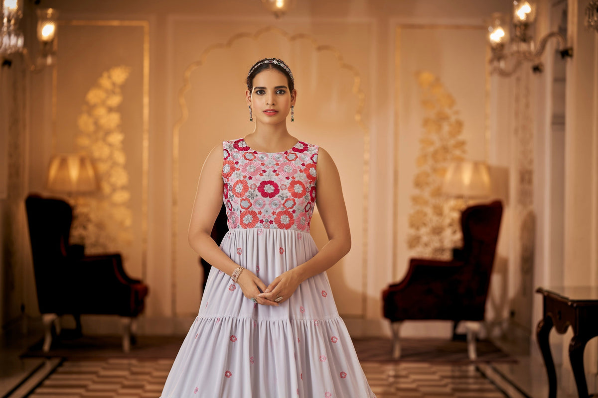 Party Wear Grey Color Thread & Sequins Embroidered Work Anarkali Gown