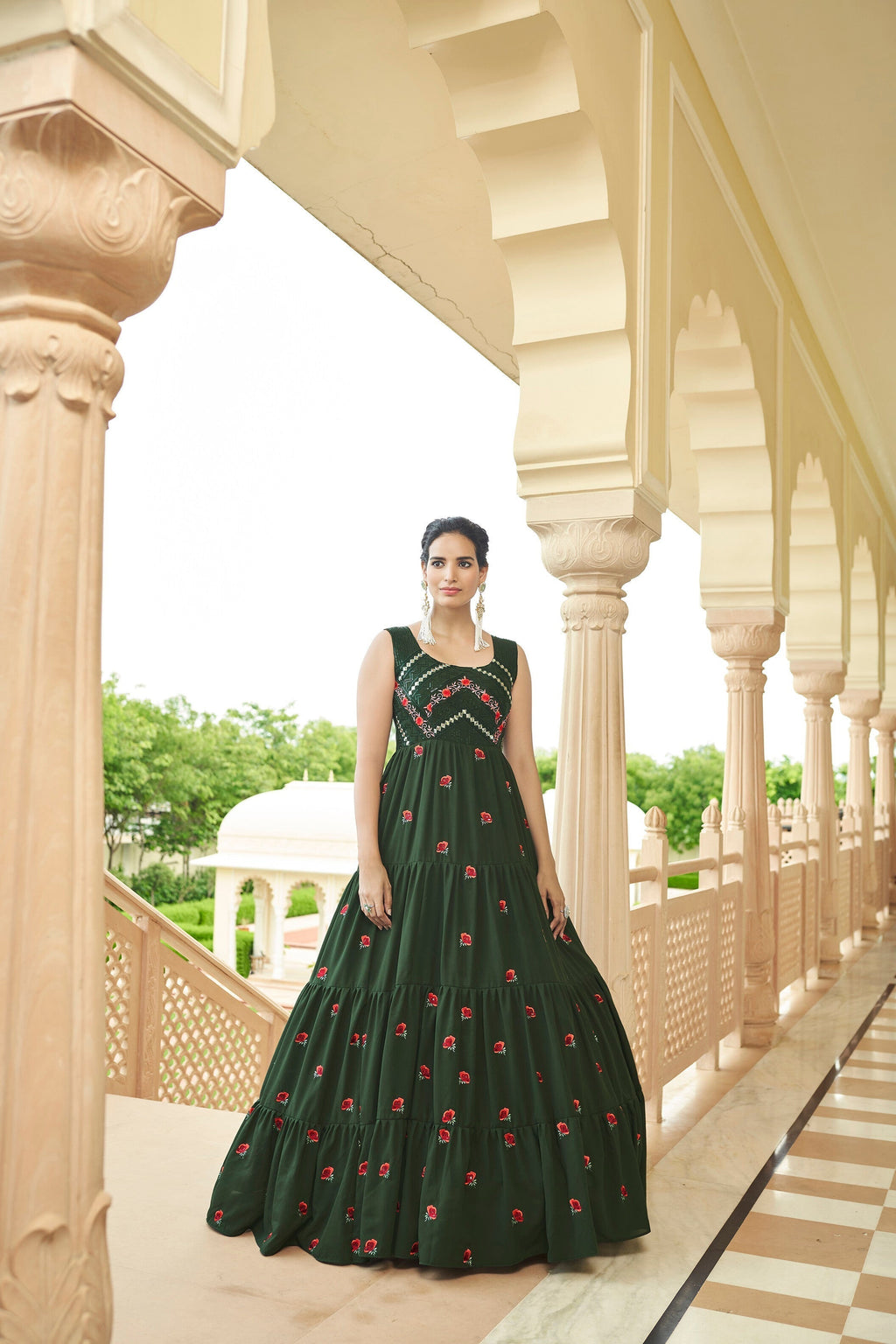 Party Wear Olive Green Color Thread & Sequence Embroidered Work Gown
