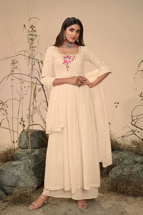 Georgette Embroidered Work Kurta Palazzo Dupatta Set