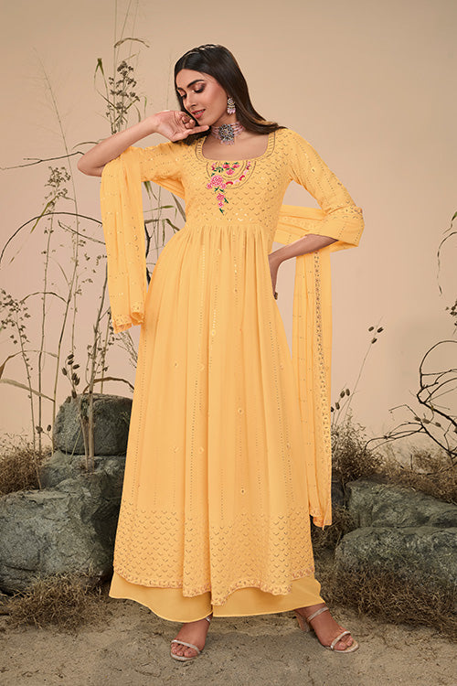 Georgette Embroidered Work Kurta Palazzo Dupatta Set
