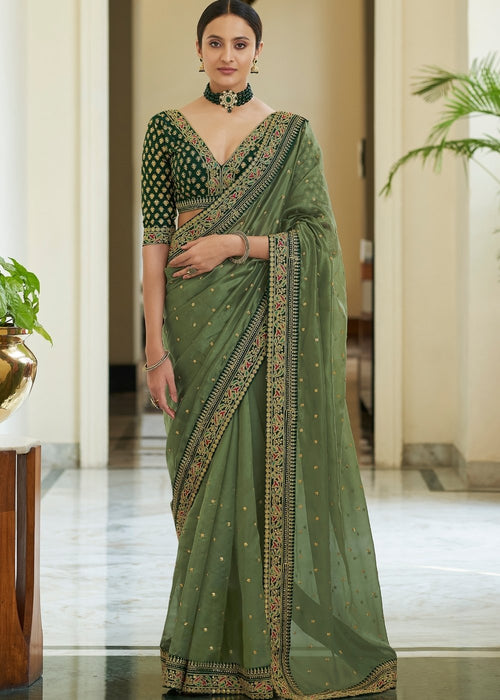 "Olive Green Organza Saree with Dori, Sequins & Zari work : Top Pick"