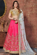 Stunning Hot Pink Thread Embroidered Mulberry Silk Bridal Lehenga Choli