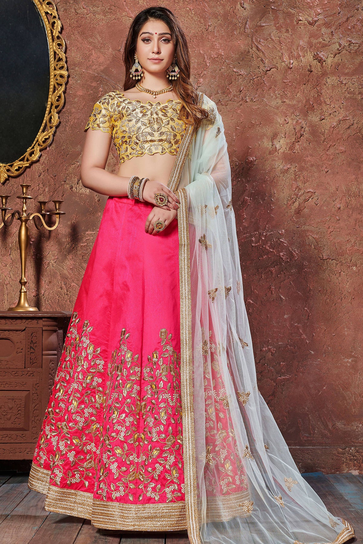 Stunning Hot Pink Thread Embroidered Mulberry Silk Bridal Lehenga Choli