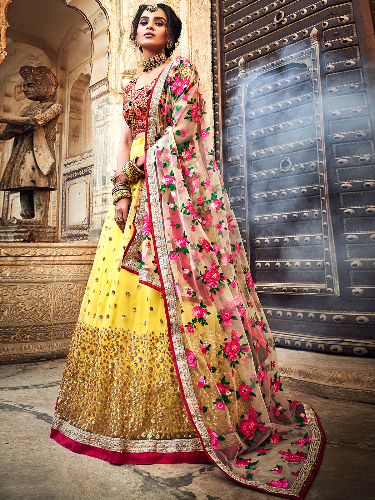 Yellow Embroidered Soft Net Semi Stitched Lehenga With Unstitched Blouse