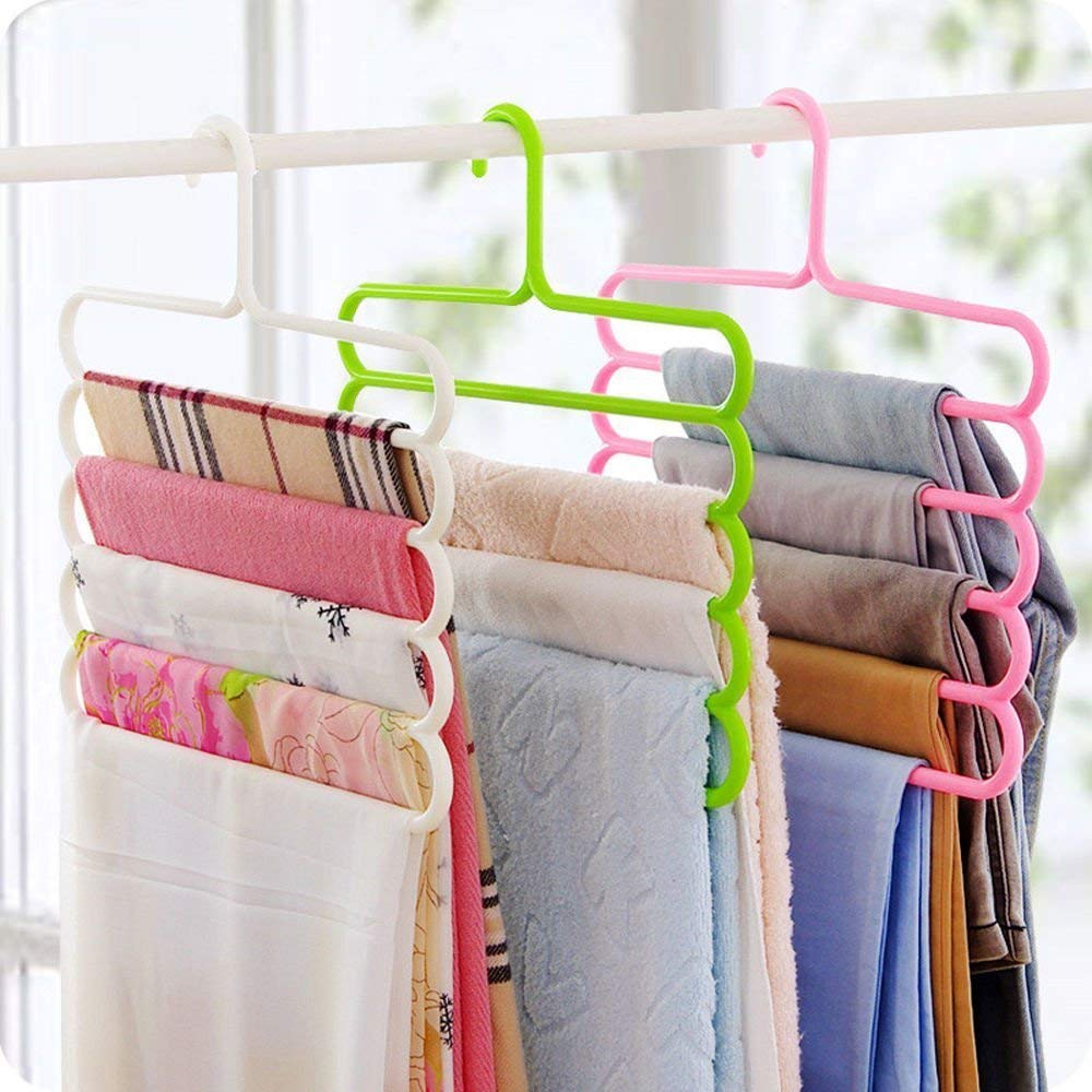 5-Pack Multi-Layer Plastic Clothes Hangers | Space-Saving Multi-Purpose Closet Organizer for Pants, Shirts, Towels – Assorted Colours