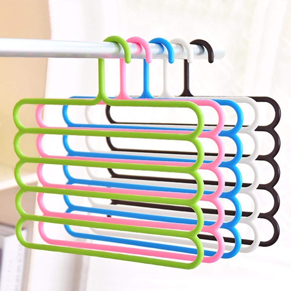 5-Pack Multi-Layer Plastic Clothes Hangers | Space-Saving Multi-Purpose Closet Organizer for Pants, Shirts, Towels – Assorted Colours