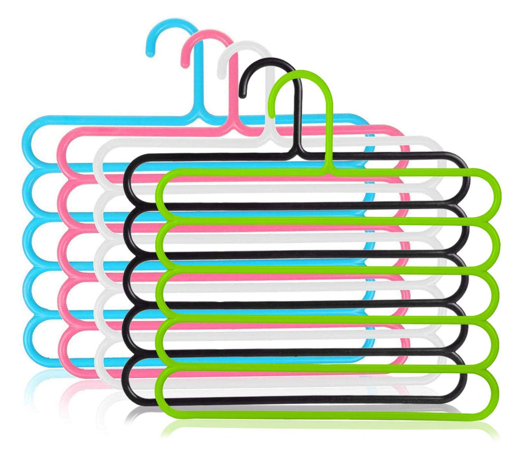 5-Pack Multi-Layer Plastic Clothes Hangers | Space-Saving Multi-Purpose Closet Organizer for Pants, Shirts, Towels – Assorted Colours
