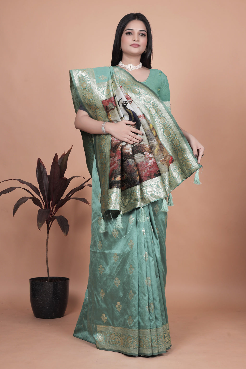Premium Green Banarasi Saree with Embroidered Peacock Motif