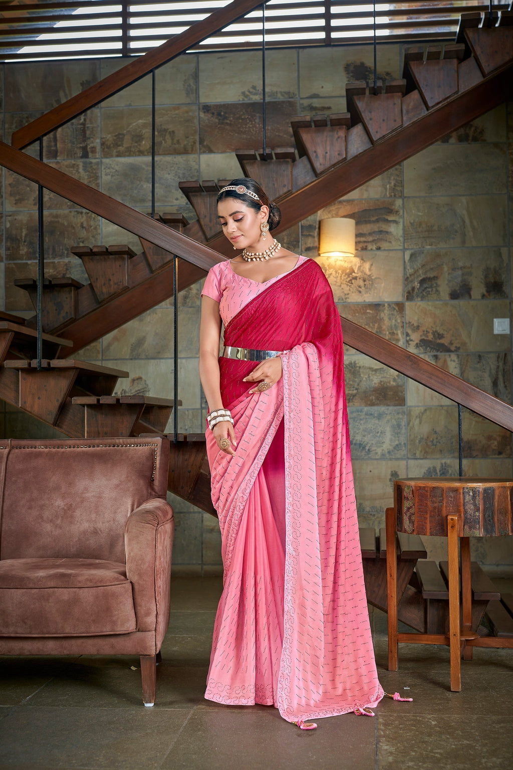Party Wear Pink Color Diamond Work Double Tone Saree