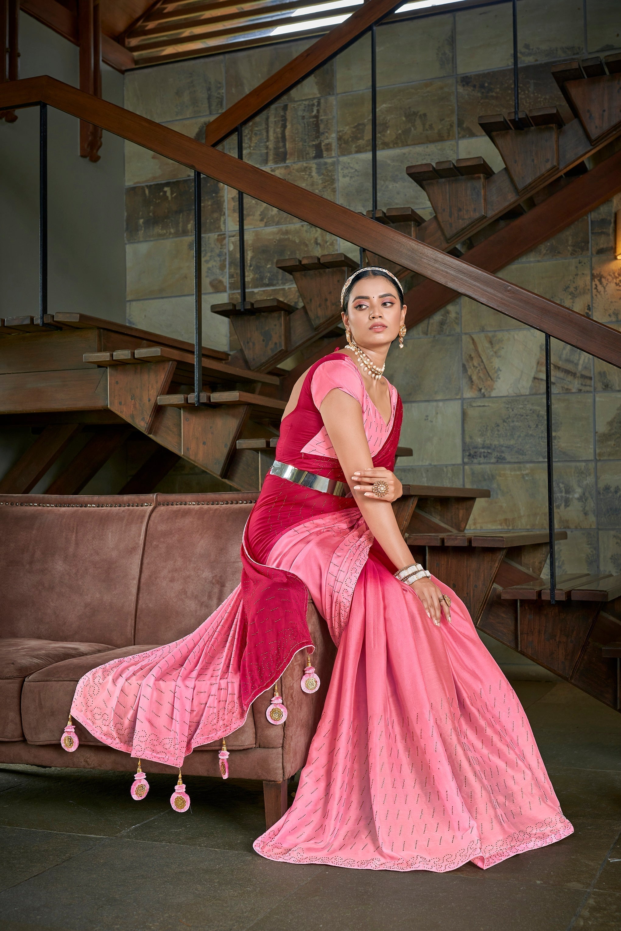 Party Wear Pink Color Diamond Work Double Tone Saree