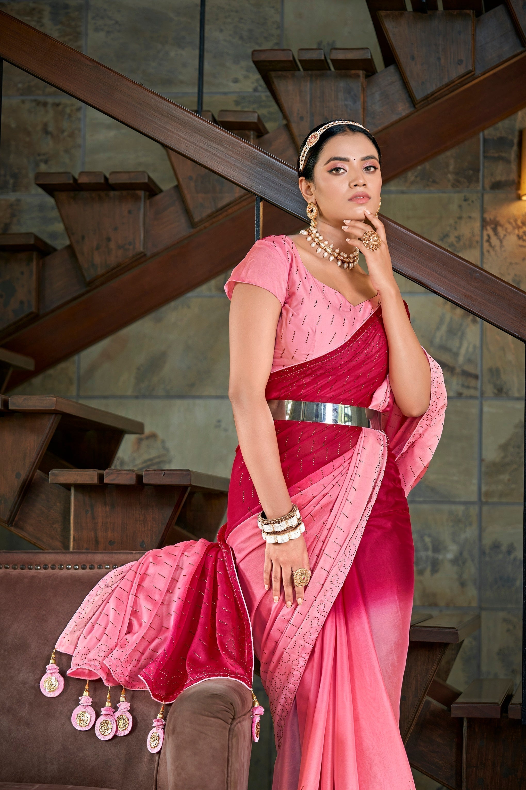 Party Wear Pink Color Diamond Work Double Tone Saree