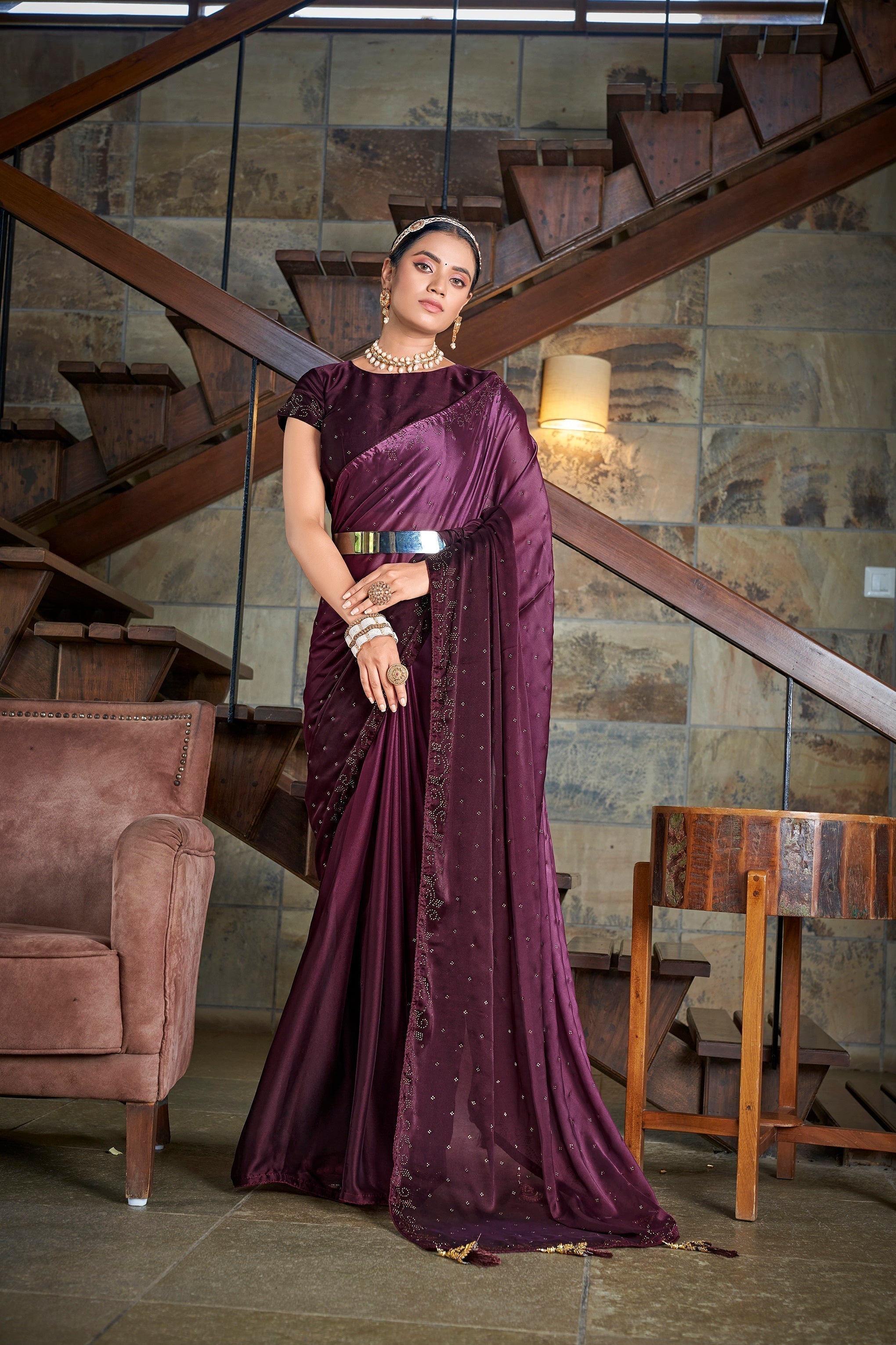 Party Wear Purple Color Diamond Work Double Tone Saree