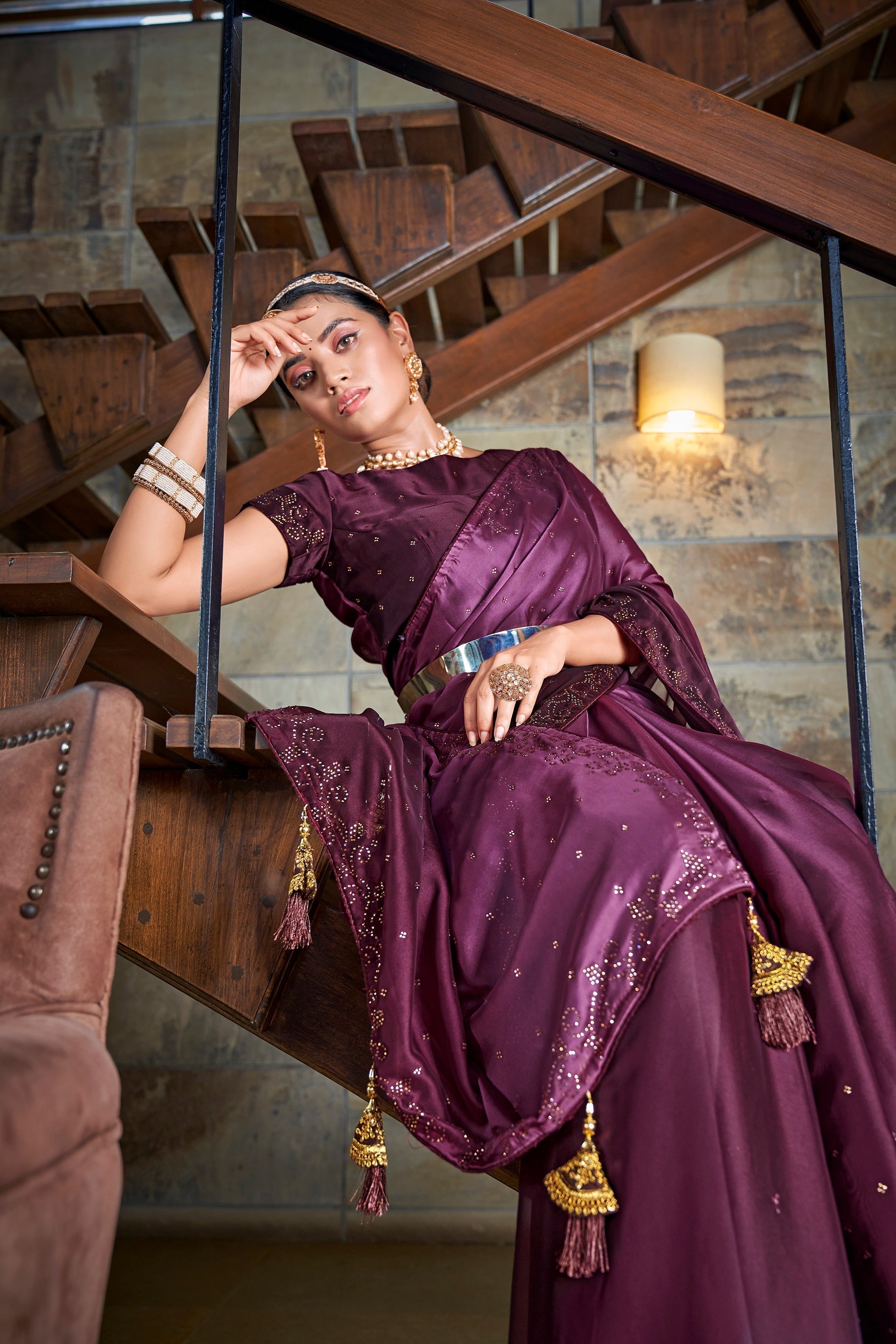 Party Wear Purple Color Diamond Work Double Tone Saree