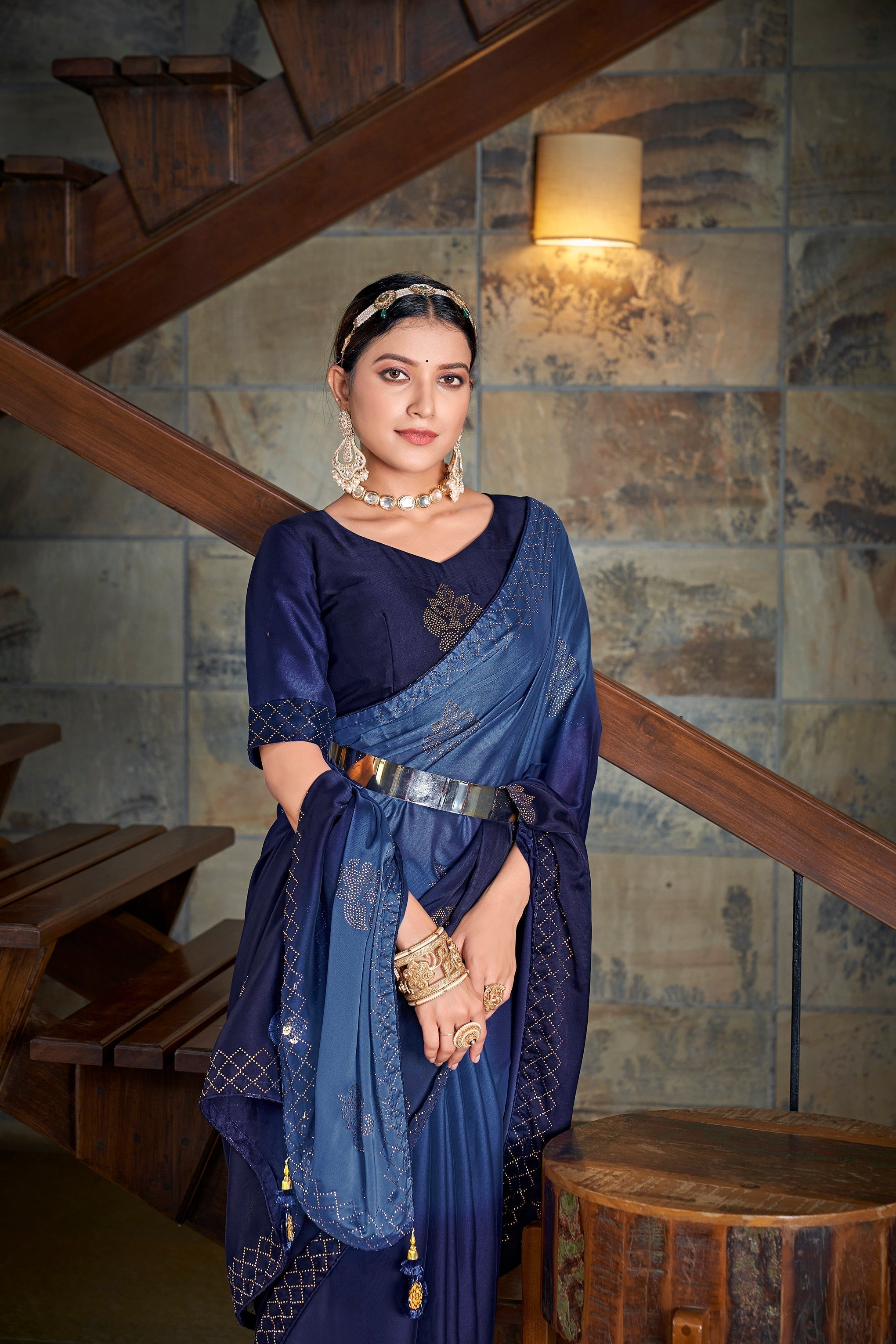 Party Wear Navy Blue Color Diamond Work Double Tone Saree