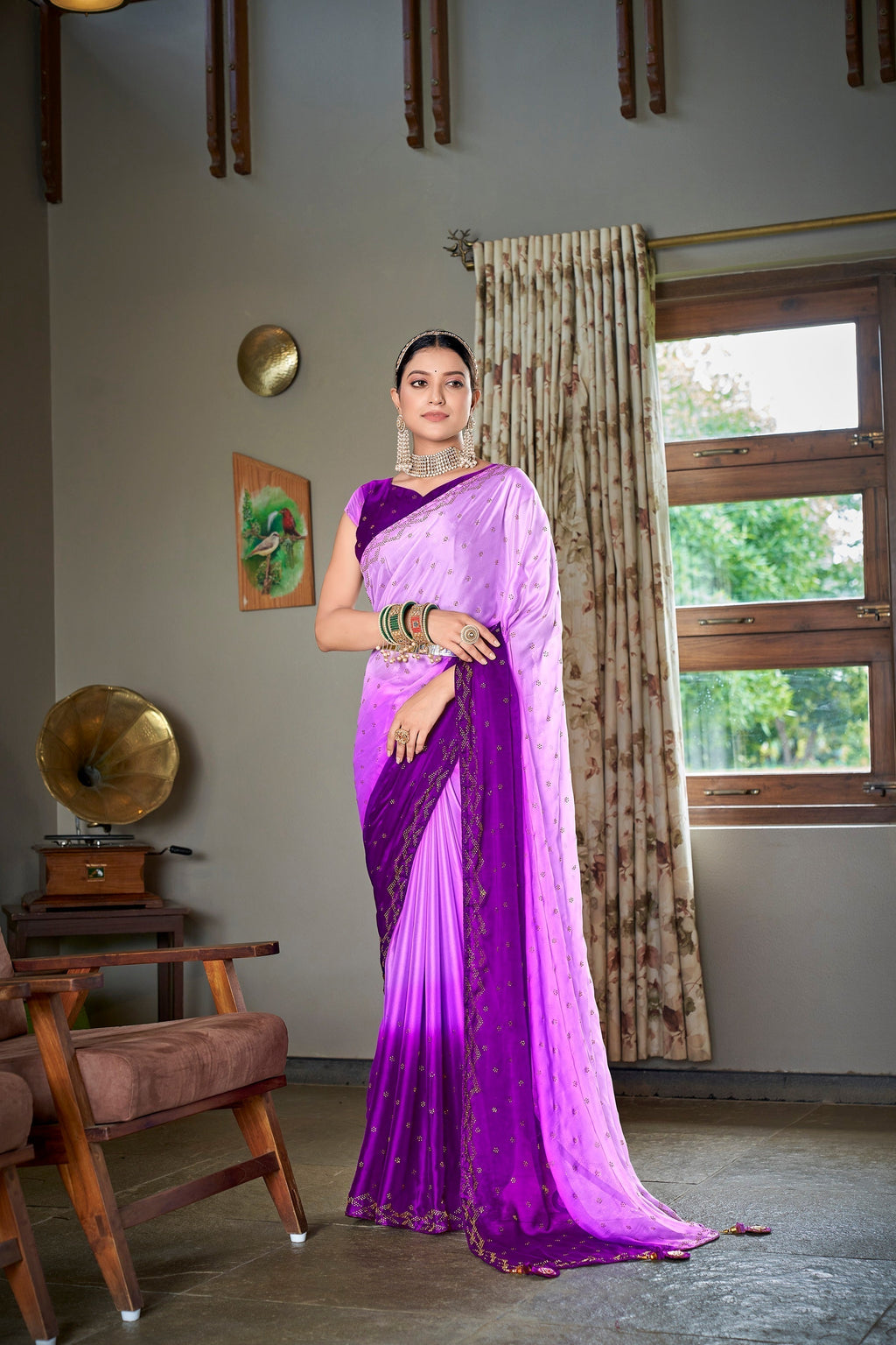 Party Wear Lavender Color Diamond Work Double Tone Saree