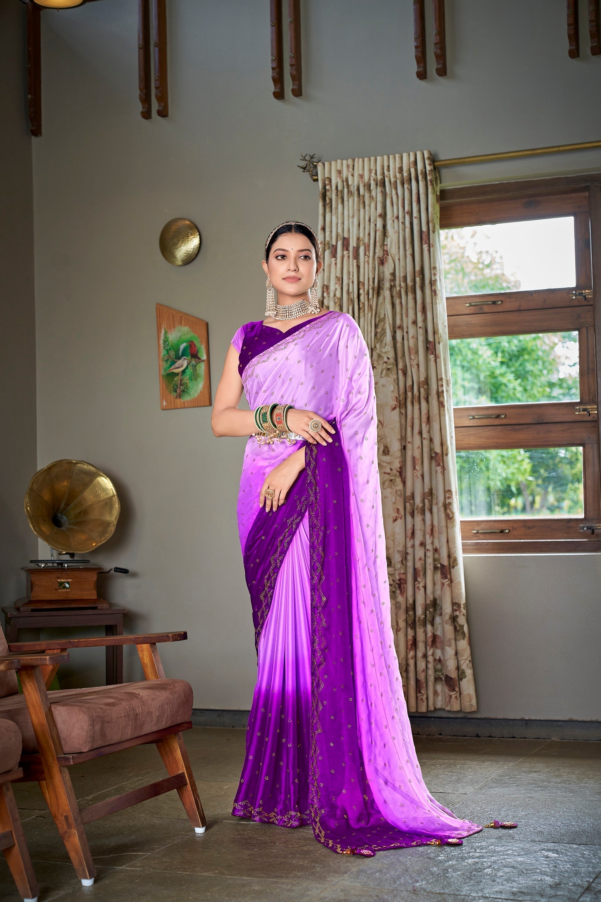 Party Wear Lavender Color Diamond Work Double Tone Saree