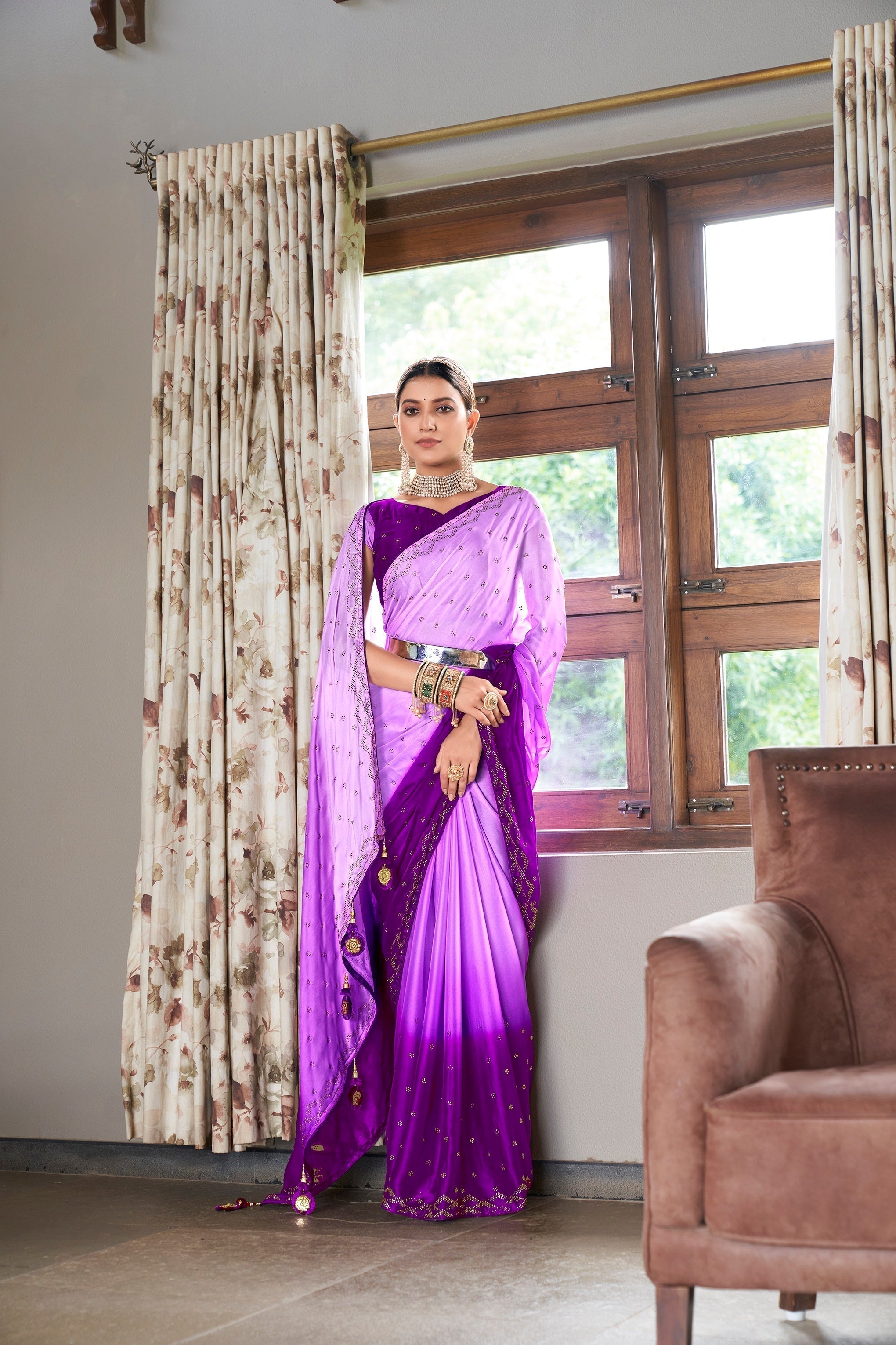 Party Wear Lavender Color Diamond Work Double Tone Saree