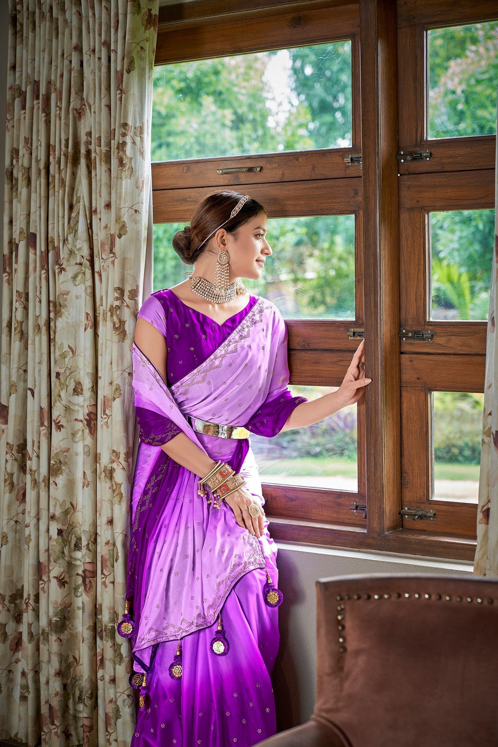 Party Wear Lavender Color Diamond Work Double Tone Saree