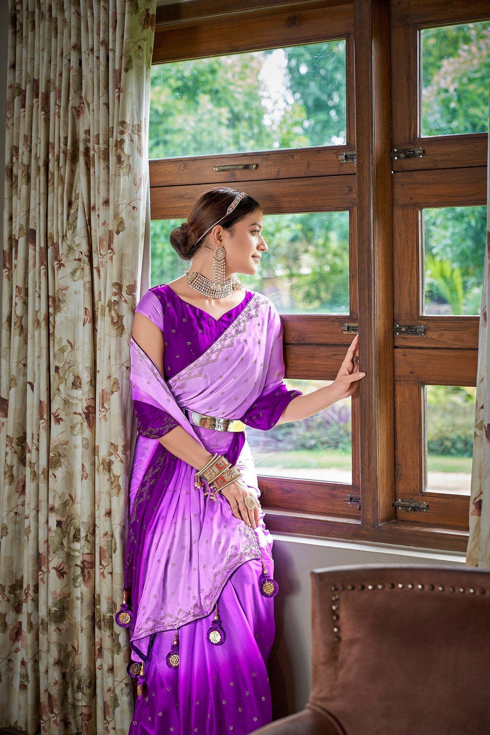 Party Wear Lavender Color Diamond Work Double Tone Saree