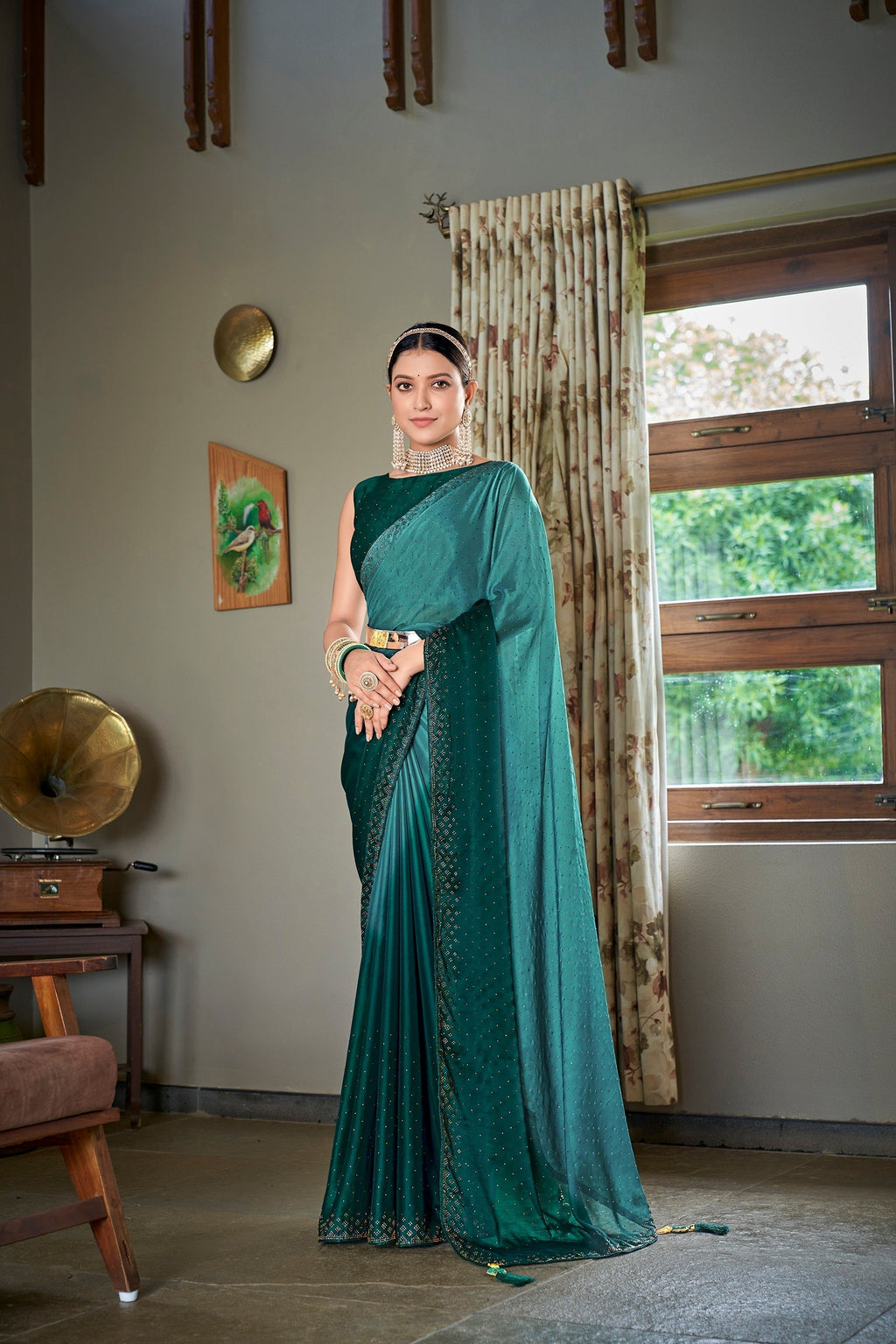 Party Wear Teal Green Color Diamond Work Double Tone Saree