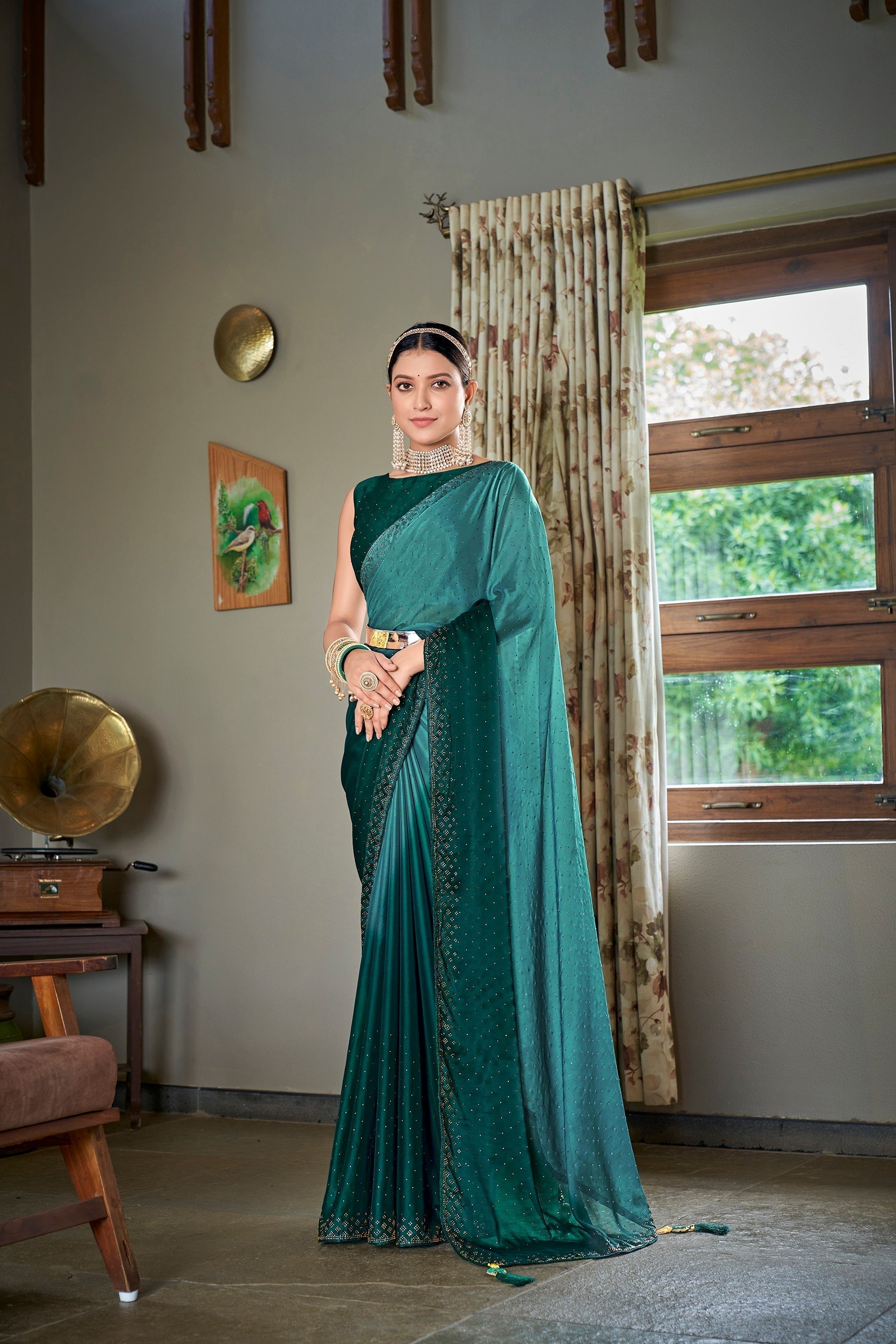 Party Wear Teal Green Color Diamond Work Double Tone Saree