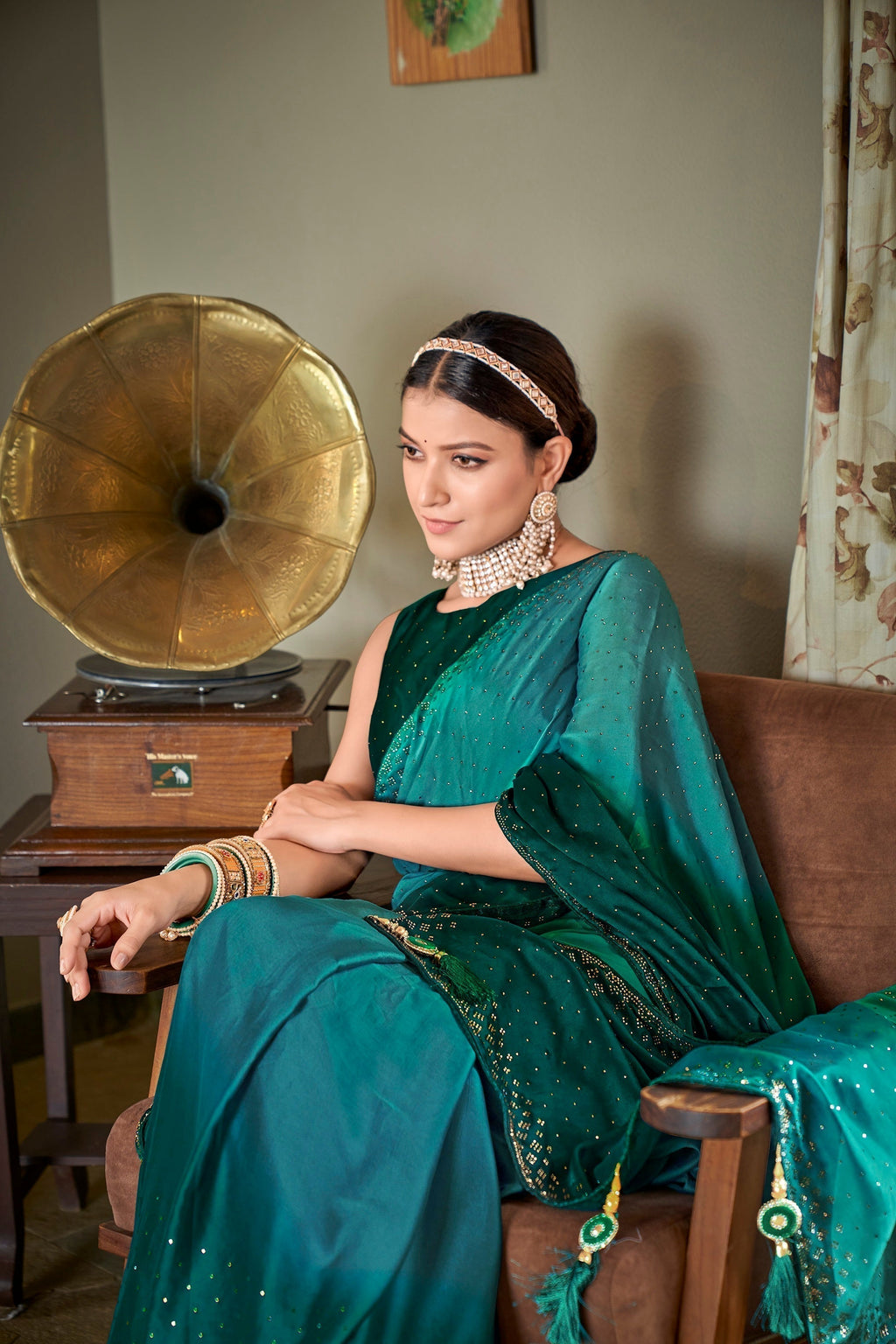 Party Wear Teal Green Color Diamond Work Double Tone Saree