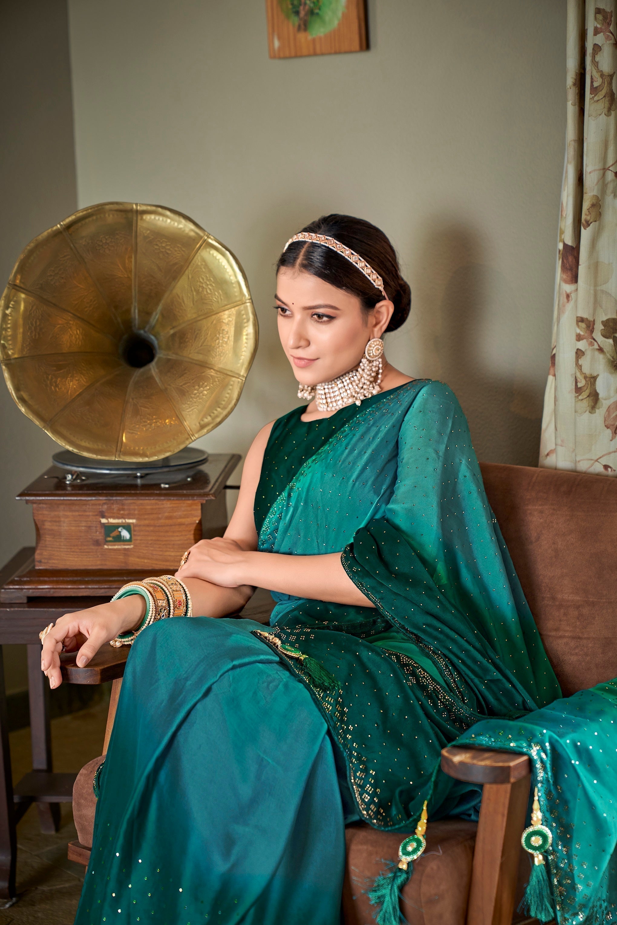 Party Wear Teal Green Color Diamond Work Double Tone Saree