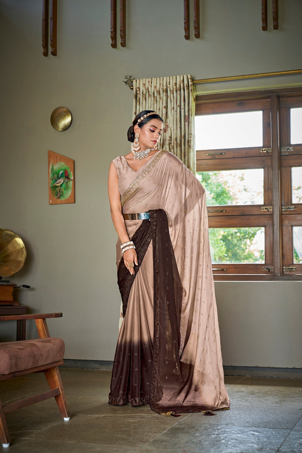 Party Wear Brown Color Diamond Work Double Tone Saree