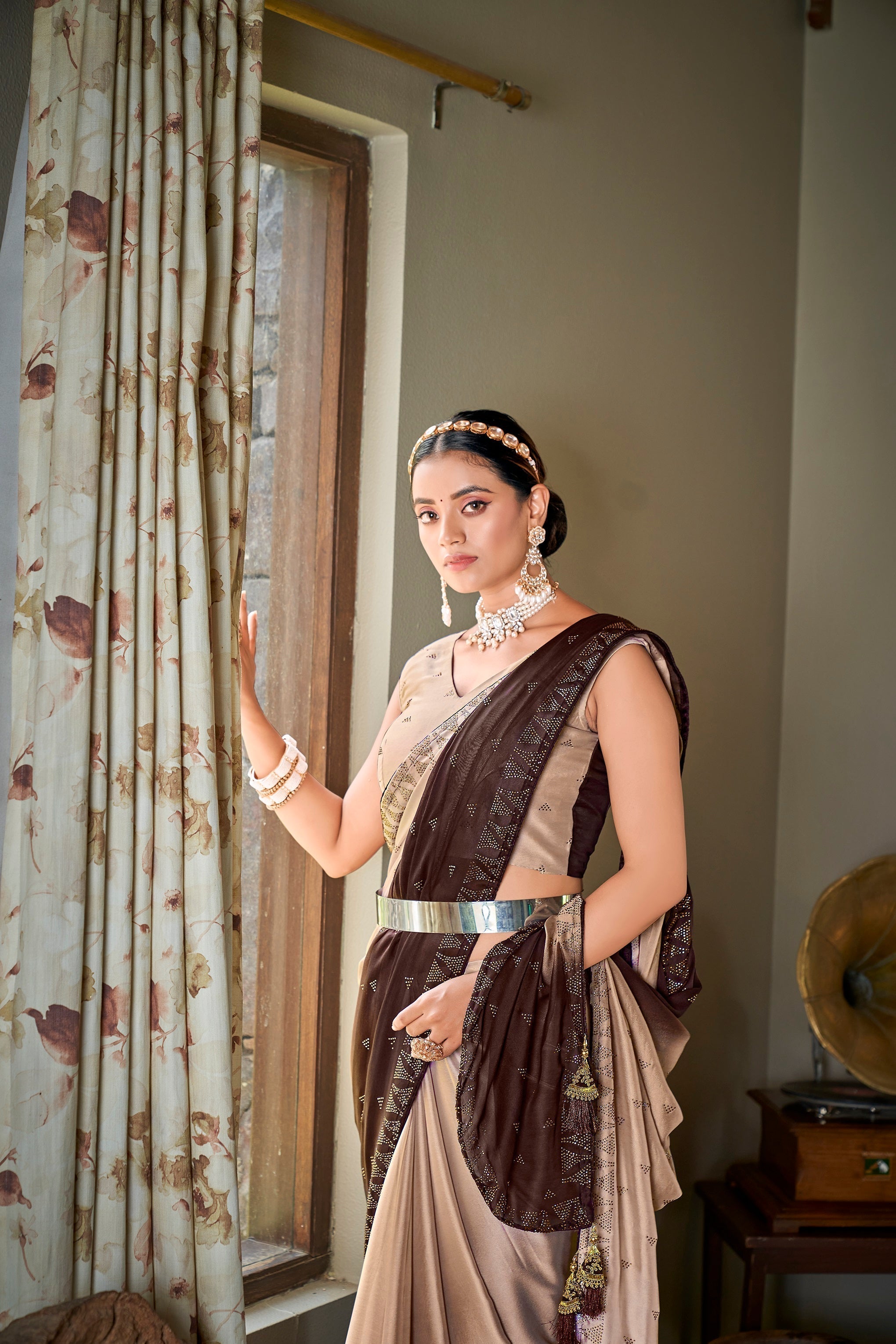 Party Wear Brown Color Diamond Work Double Tone Saree