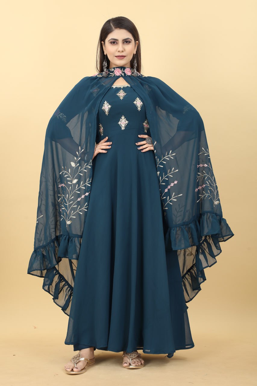Gorgeous Blue Gown and Shrug Set for Weddings and Parties