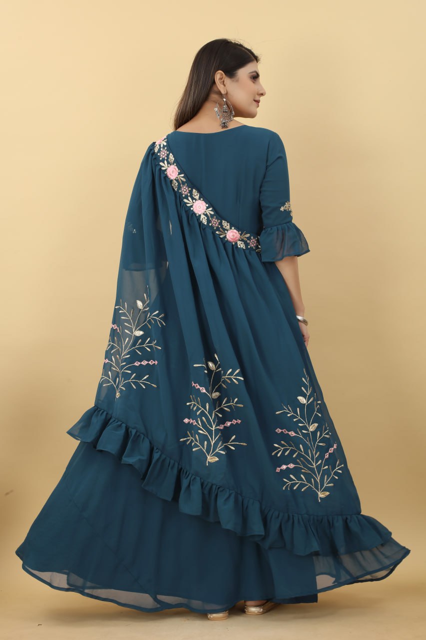 Gorgeous Blue Gown and Shrug Set for Weddings and Parties