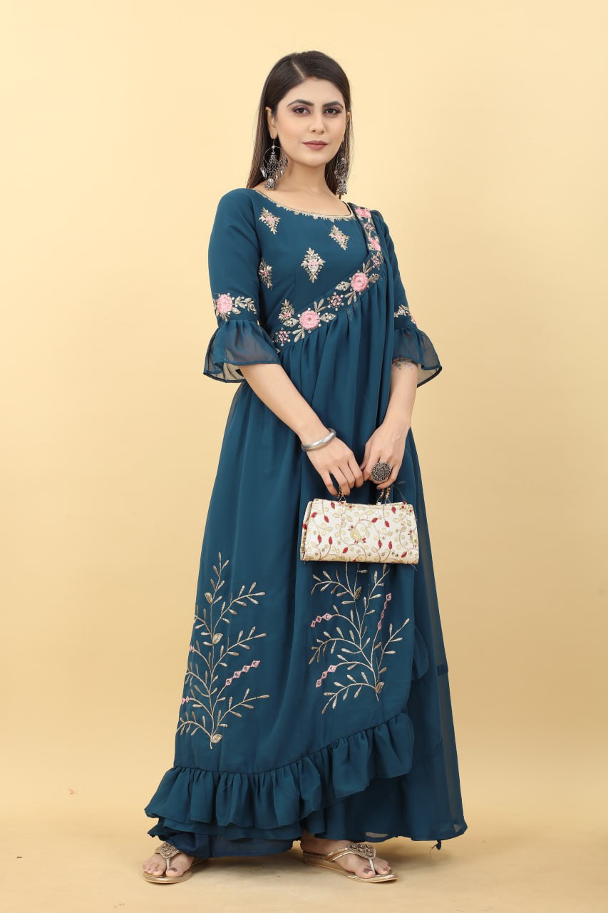 Gorgeous Blue Gown and Shrug Set for Weddings and Parties
