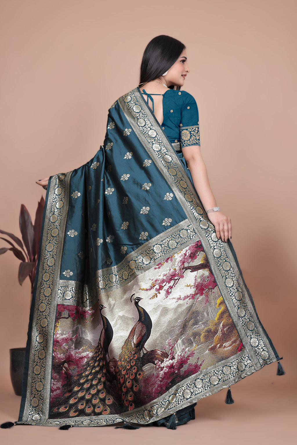 Graceful Teal Saree with Peacock Border and Silver Zari for Weddings & Festivals