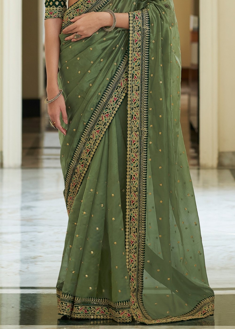 "Olive Green Organza Saree with Dori, Sequins & Zari work : Top Pick"