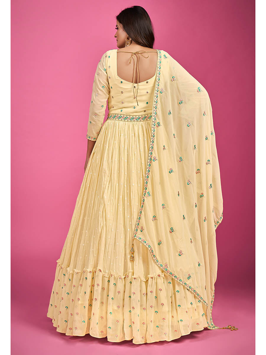 Yellow Pure Georgette Embroidered Gown