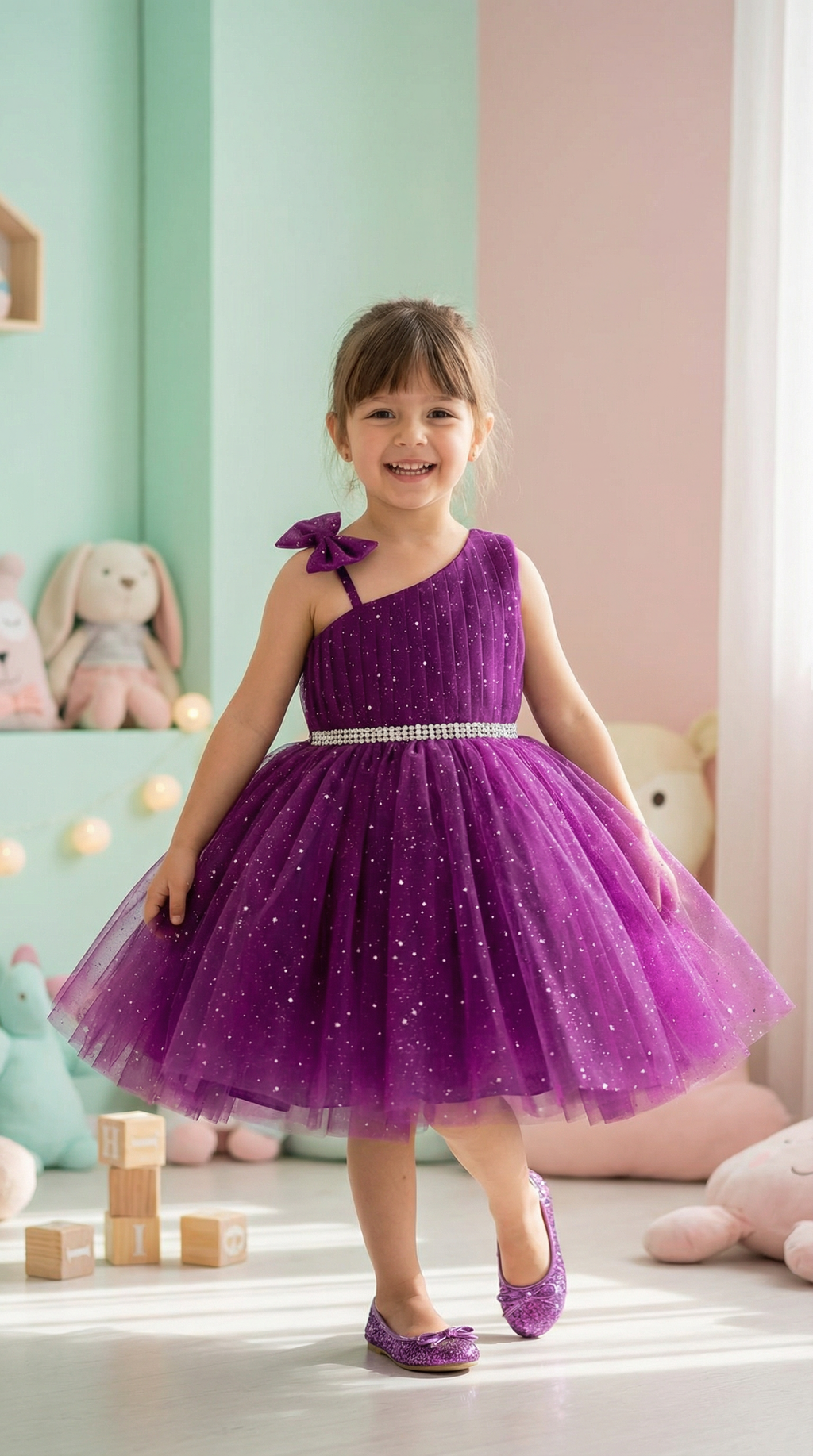 Girls Purple One-Shoulder Party Dress with Glitter Tulle & Crystal Belt