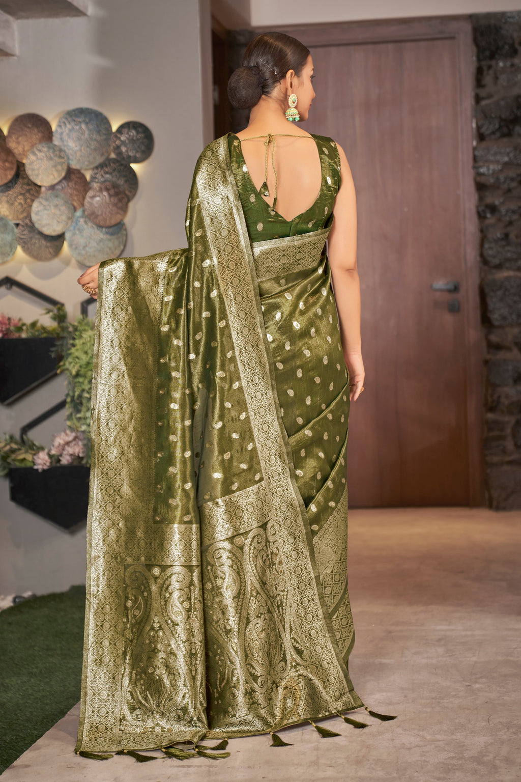 Olive Color Weaving Zari Work Classic Saree For Festival