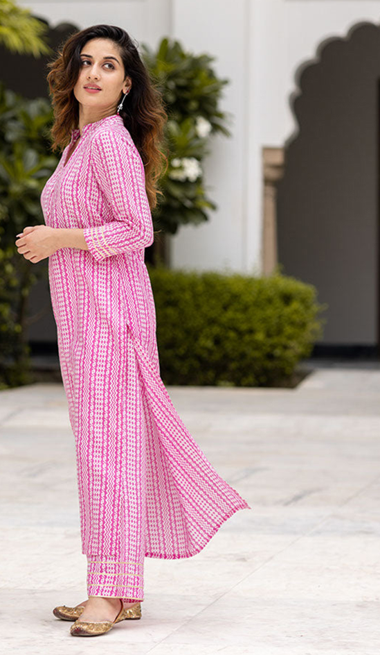 Pink Pure Muslin Kurti Set with Printed Work