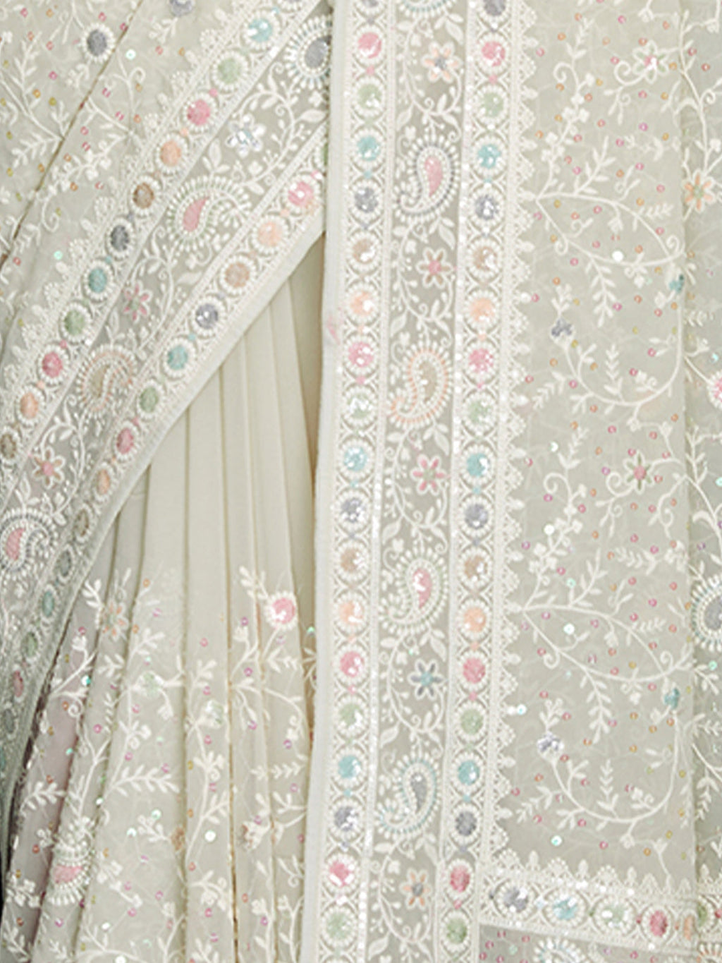 Off White Georgette Embroidered Saree With Unstitched Blouse