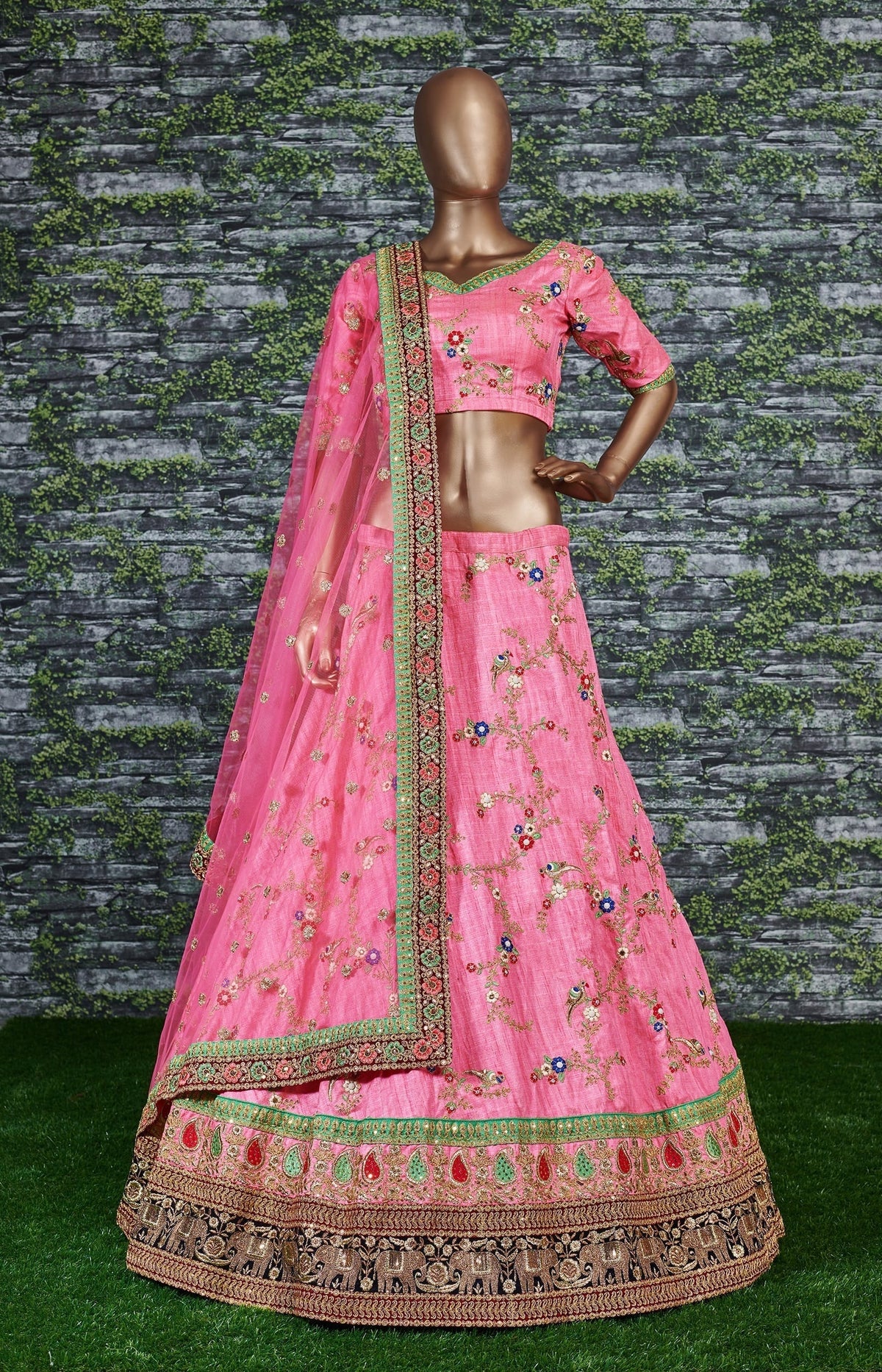 Sensational Pink Colored Bridal wear Embroidered Art Silk Lehenga Choli