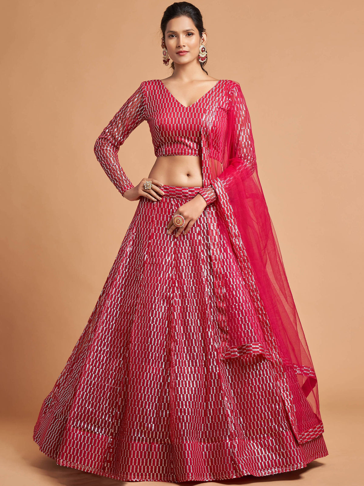 Luxurious Hot Pink Thread Embroidery Net Party wear Lehenga Choli