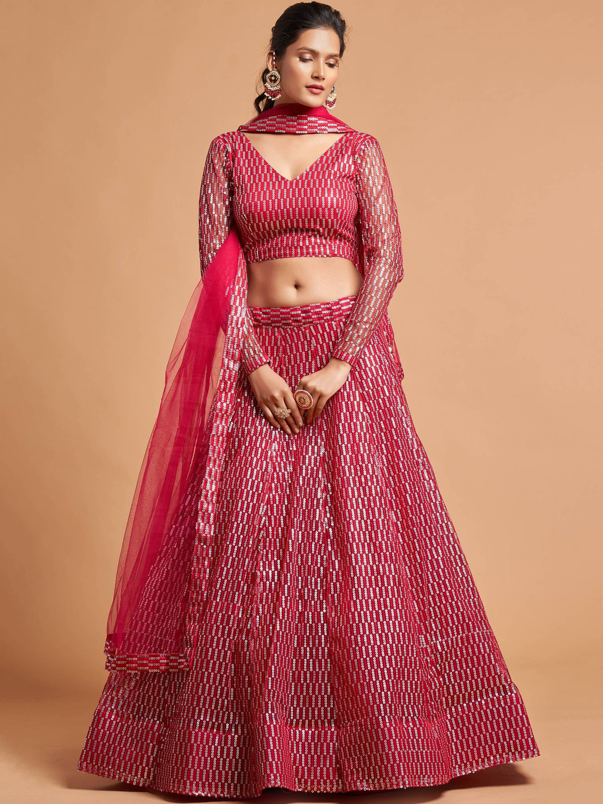 Luxurious Hot Pink Thread Embroidery Net Party wear Lehenga Choli