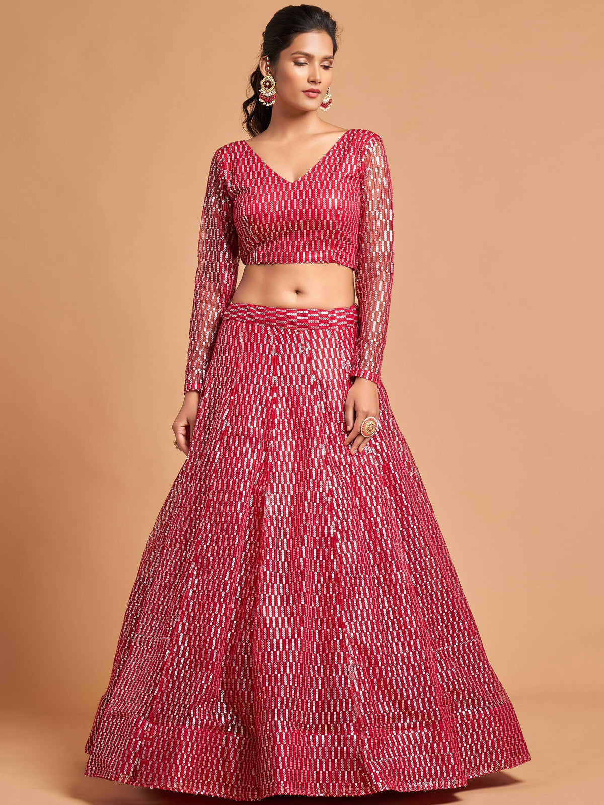 Luxurious Hot Pink Thread Embroidery Net Party wear Lehenga Choli