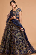 Classy Navy Blue Thread Embroidery Net Party Wear Lehenga Choli