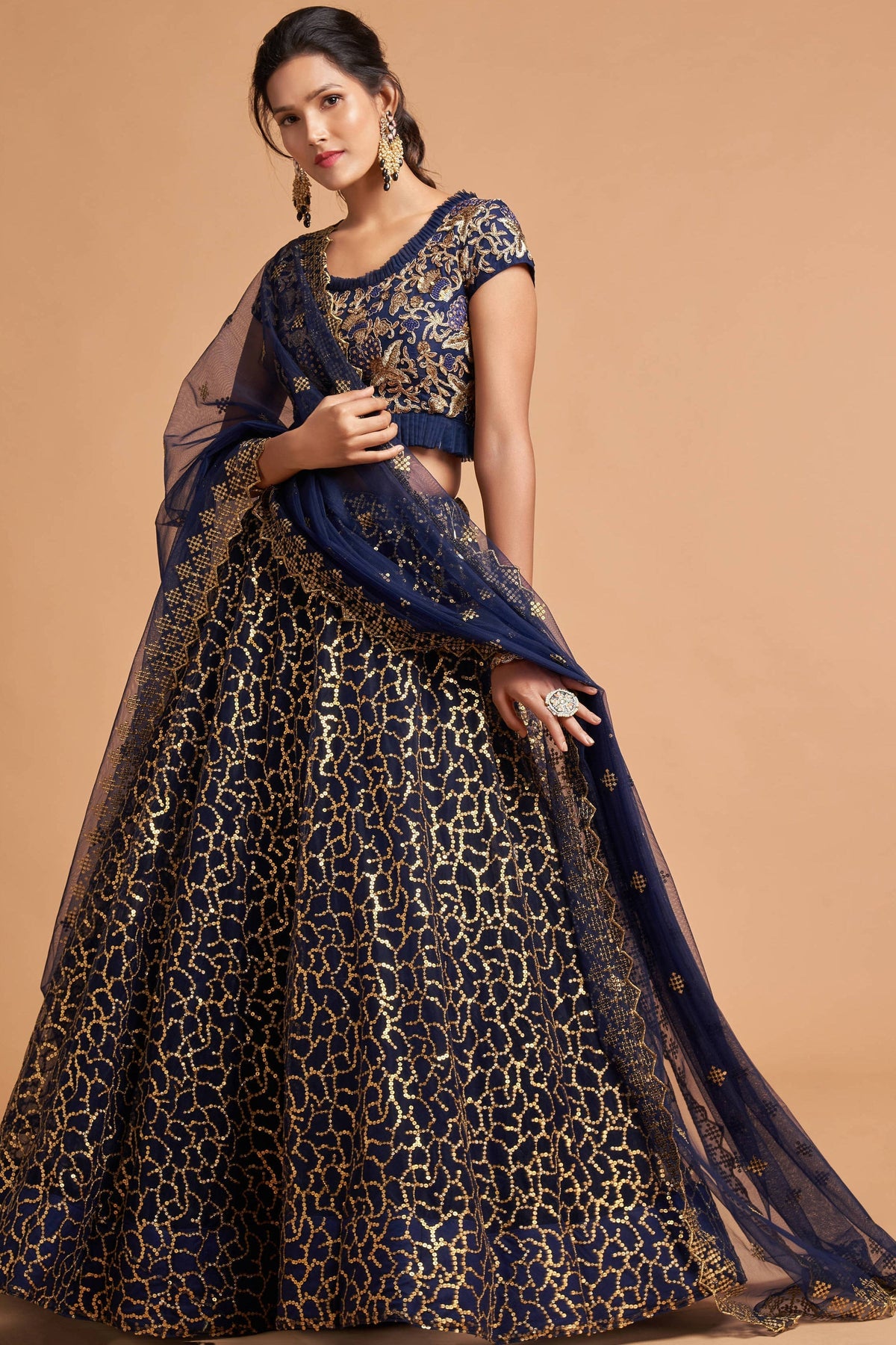 Classy Navy Blue Thread Embroidery Net Party Wear Lehenga Choli