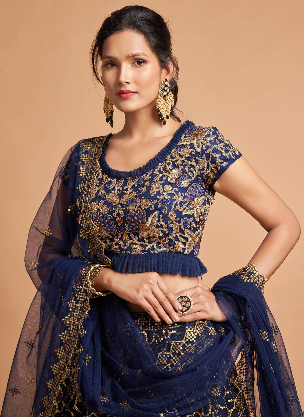 Classy Navy Blue Thread Embroidery Net Party Wear Lehenga Choli